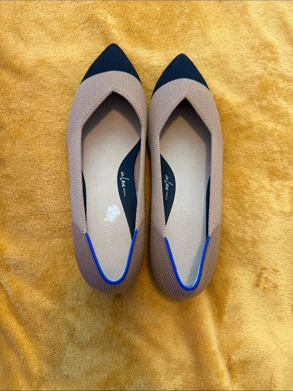 Rothy's Pointed Knit Flats in Tan, Black & Blue Trim